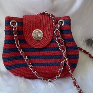 Red and Navy Striped Women’s Chain-Handle Shoulder Bag